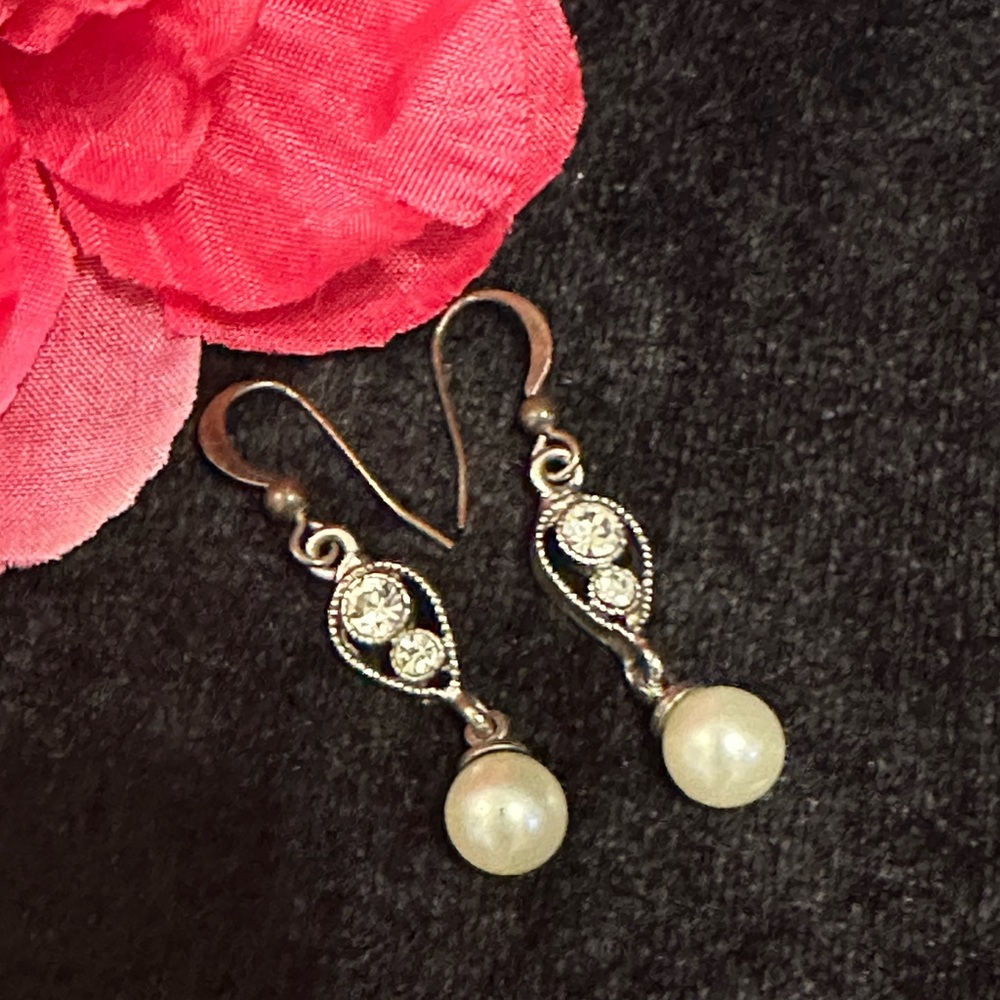 Vintage French Wire Earrings with Rhinestones and Pearl